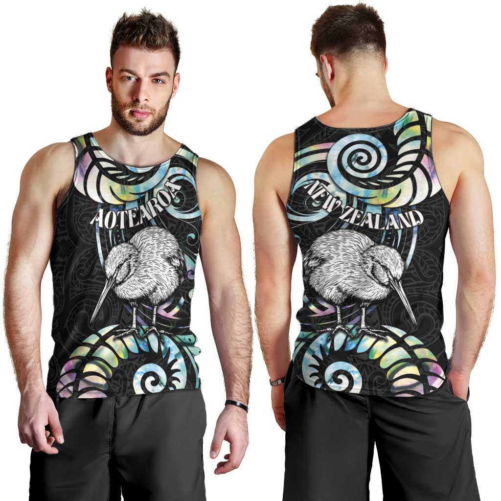 New Zealand Kiwi Bird Men Tank Top Silver Fern Koru Paua Shell