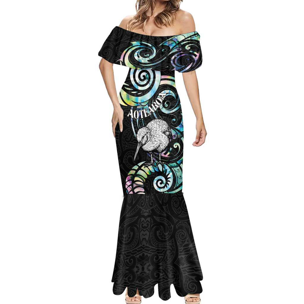 New Zealand Kiwi Bird Mermaid Dress Silver Fern Koru Paua Shell