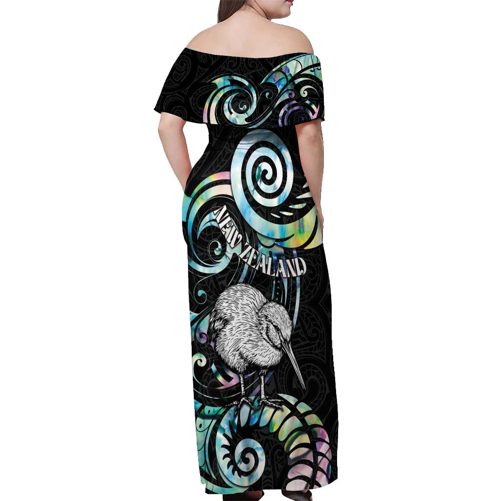 New Zealand Kiwi Bird Off Shoulder Maxi Dress Silver Fern Koru Paua Shell