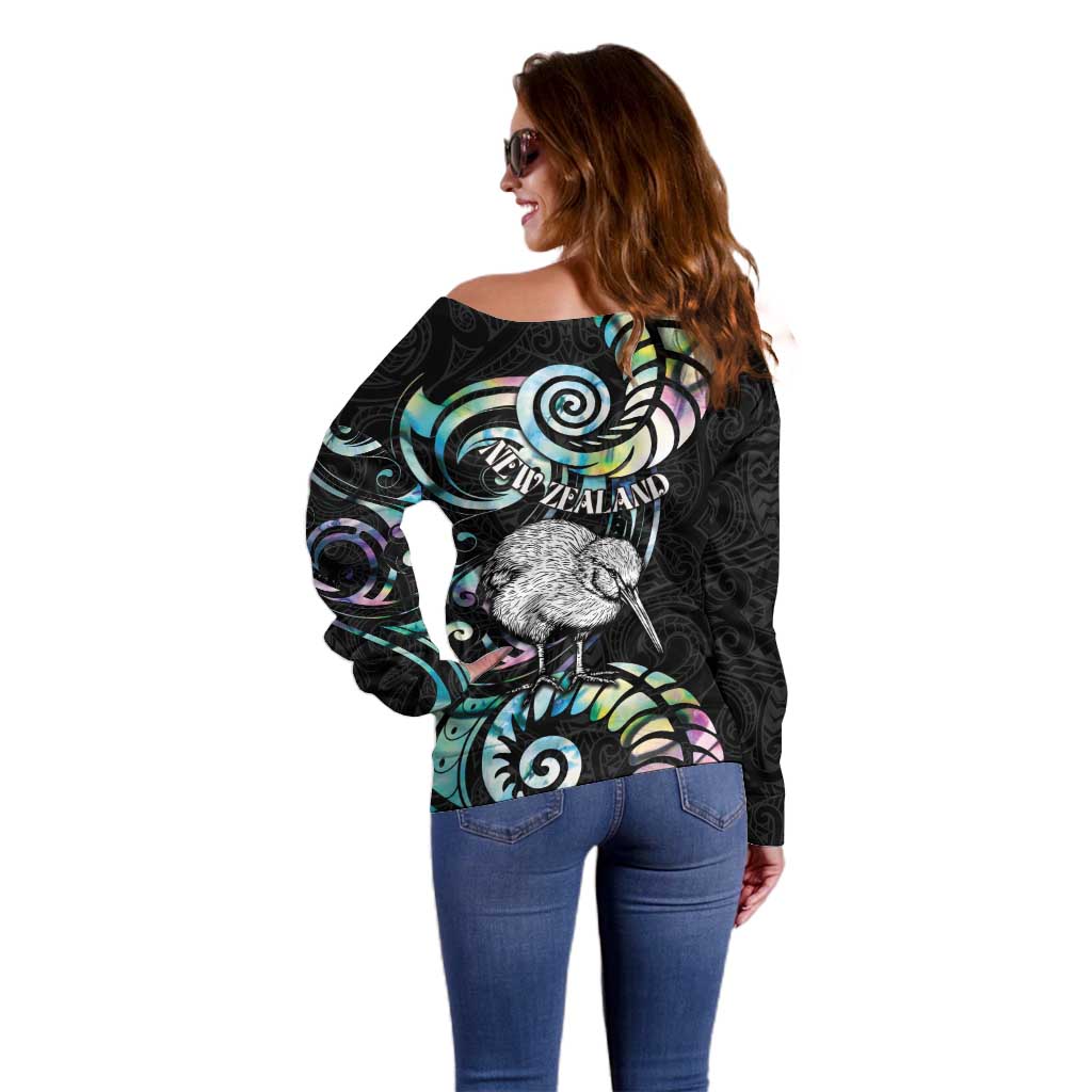 New Zealand Kiwi Bird Off Shoulder Sweater Silver Fern Koru Paua Shell