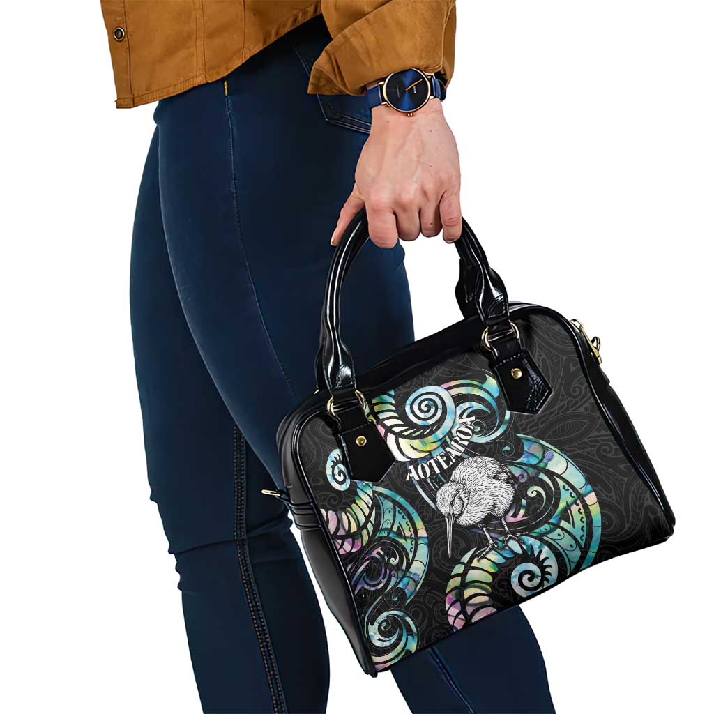 New Zealand Kiwi Bird Shoulder Handbag Silver Fern Koru Paua Shell
