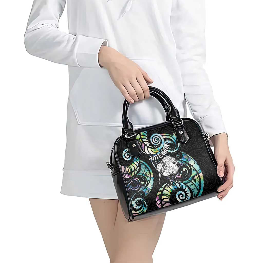 New Zealand Kiwi Bird Shoulder Handbag Silver Fern Koru Paua Shell