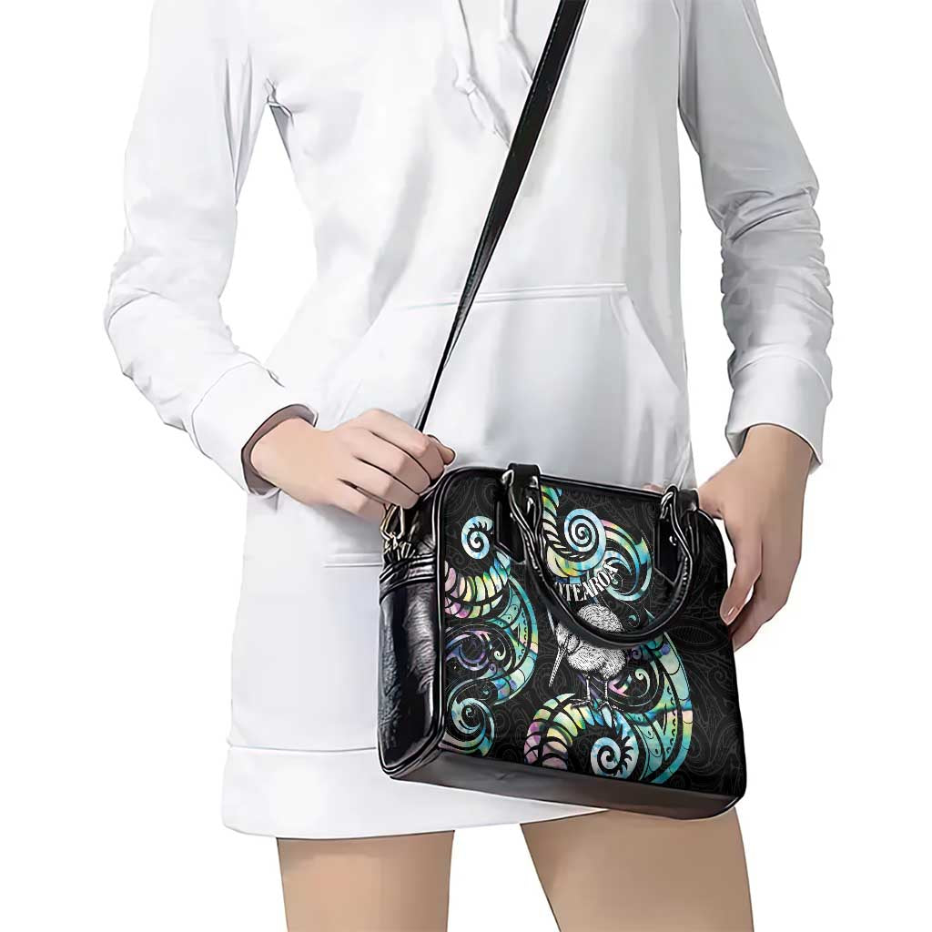 New Zealand Kiwi Bird Shoulder Handbag Silver Fern Koru Paua Shell