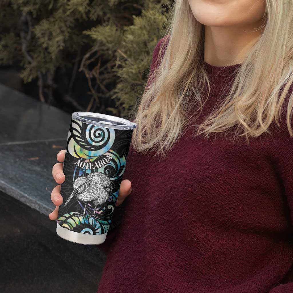 New Zealand Kiwi Bird Tumbler Cup Silver Fern Koru Paua Shell