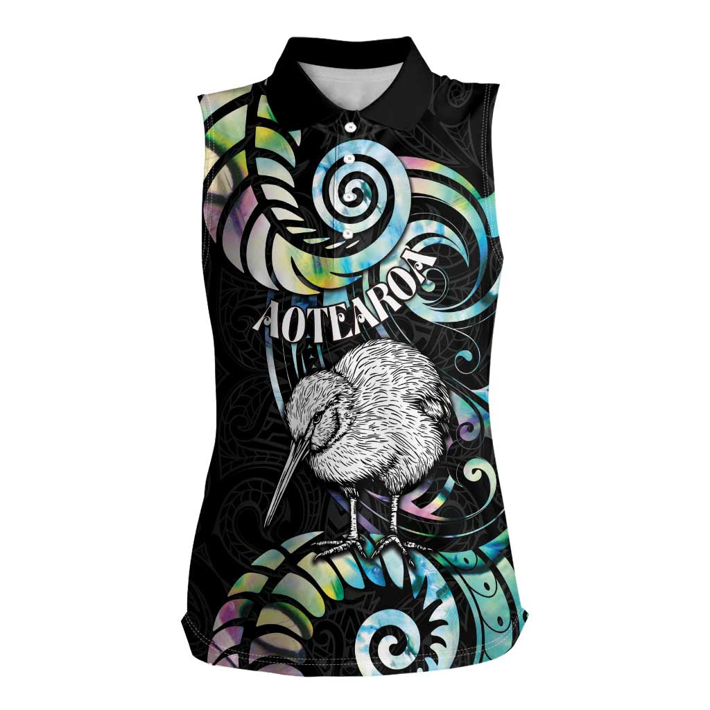 New Zealand Kiwi Bird Women Sleeveless Polo Shirt Silver Fern Koru Paua Shell DT04 Female Black - Polynesian Pride
