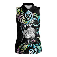 New Zealand Kiwi Bird Women Sleeveless Polo Shirt Silver Fern Koru Paua Shell DT04 Female Black - Polynesian Pride