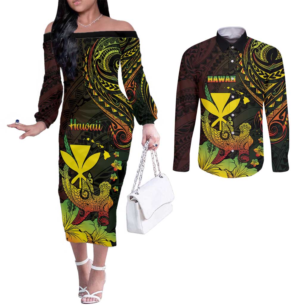 Personalised Hawaii Couples Matching Off The Shoulder Long Sleeve Dress and Long Sleeve Button Shirt Kanaka Maoli With Hammerhead Shark DT04 Black - Polynesian Pride