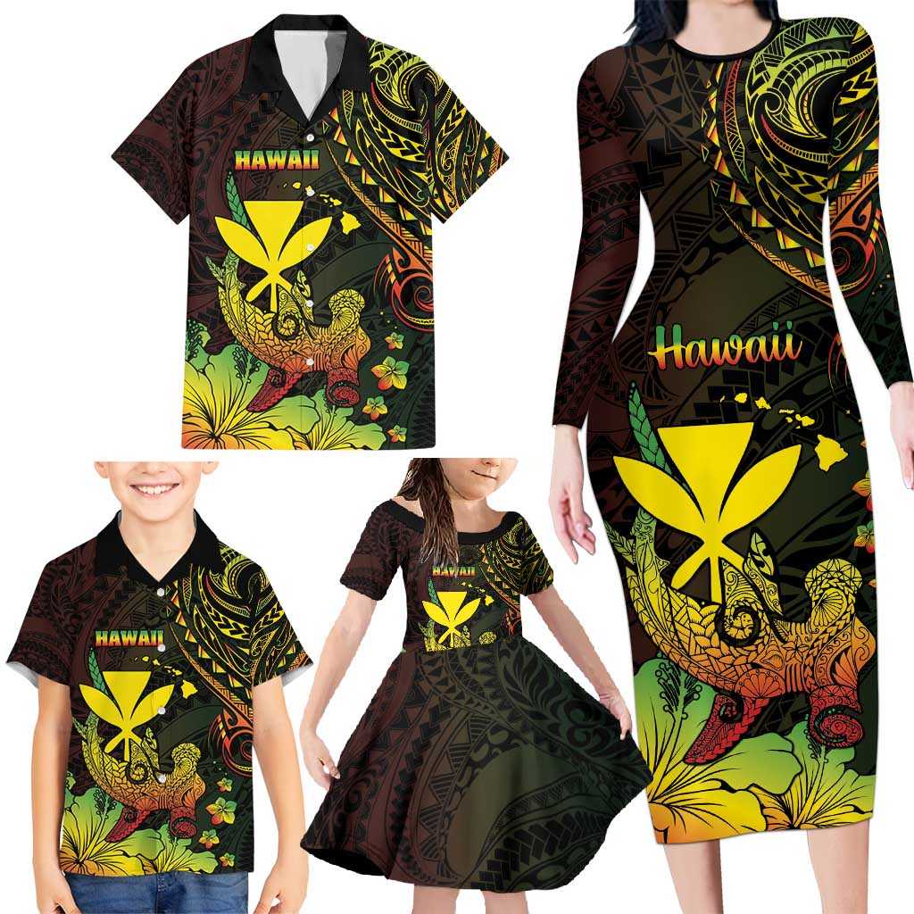 Personalised Hawaii Family Matching Long Sleeve Bodycon Dress and Hawaiian Shirt Kanaka Maoli With Hammerhead Shark DT04 - Polynesian Pride