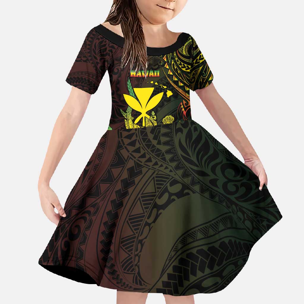Personalised Hawaii Family Matching Mermaid Dress and Hawaiian Shirt Kanaka Maoli With Hammerhead Shark DT04 Daughter's Dress Black - Polynesian Pride