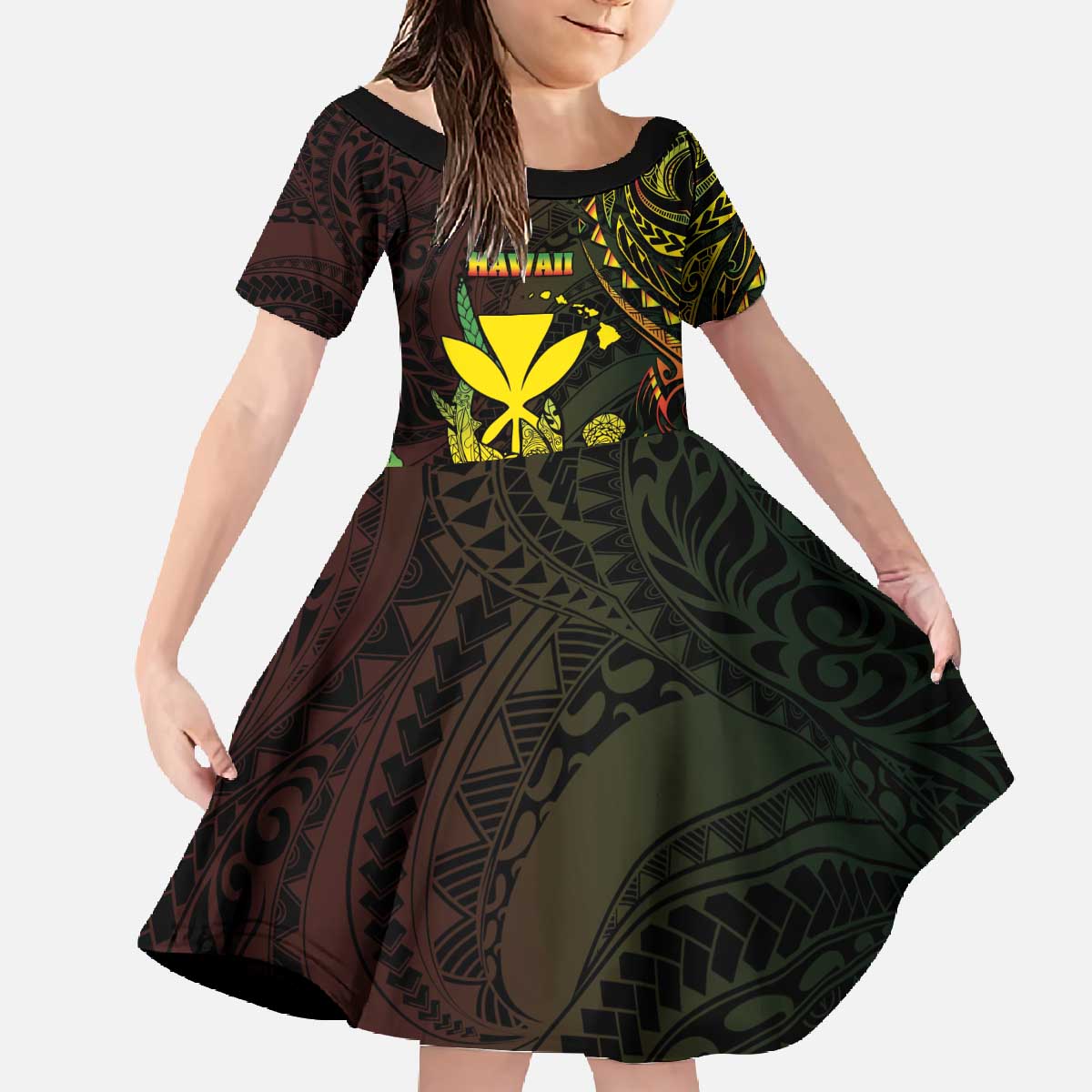 Personalised Hawaii Family Matching Off The Shoulder Long Sleeve Dress and Hawaiian Shirt Kanaka Maoli With Hammerhead Shark DT04 Daughter's Dress Black - Polynesian Pride
