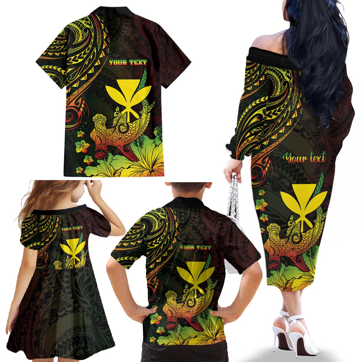 Personalised Hawaii Family Matching Off The Shoulder Long Sleeve Dress and Hawaiian Shirt Kanaka Maoli With Hammerhead Shark DT04 - Polynesian Pride