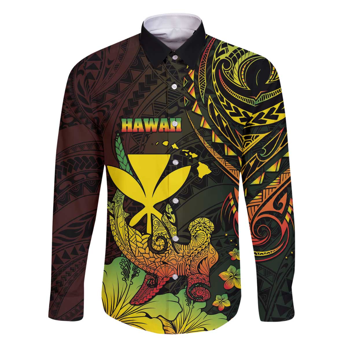 Personalised Hawaii Family Matching Off The Shoulder Long Sleeve Dress and Hawaiian Shirt Kanaka Maoli With Hammerhead Shark DT04 Dad's Shirt - Long Sleeve Black - Polynesian Pride