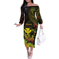 Personalised Hawaii Family Matching Off The Shoulder Long Sleeve Dress and Hawaiian Shirt Kanaka Maoli With Hammerhead Shark DT04 Mom's Dress Black - Polynesian Pride