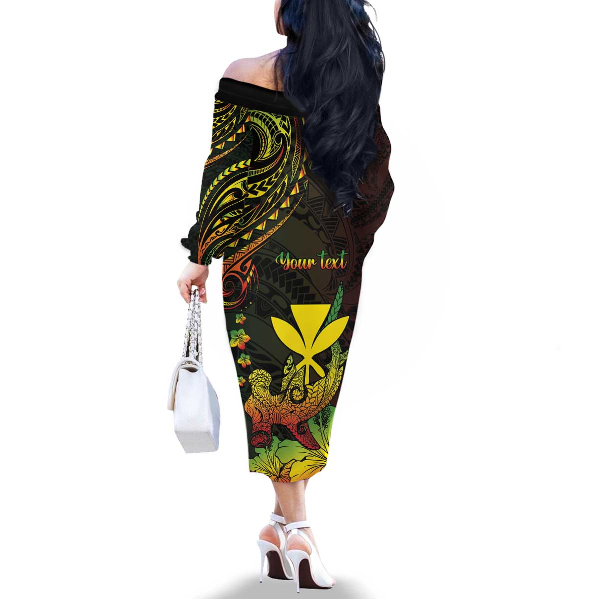 Personalised Hawaii Family Matching Off The Shoulder Long Sleeve Dress and Hawaiian Shirt Kanaka Maoli With Hammerhead Shark DT04 - Polynesian Pride
