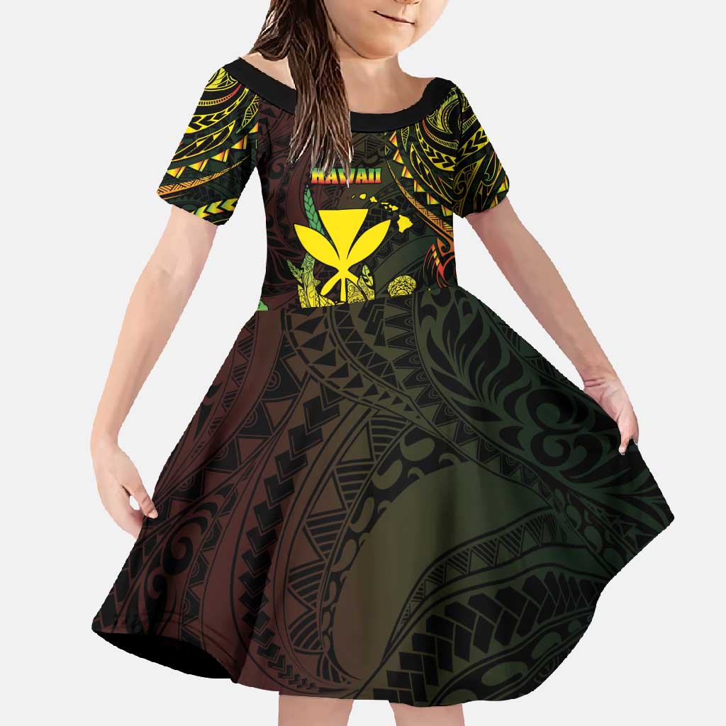 Personalised Hawaii Family Matching Off Shoulder Maxi Dress and Hawaiian Shirt Kanaka Maoli With Hammerhead Shark DT04 Daughter's Dress Black - Polynesian Pride