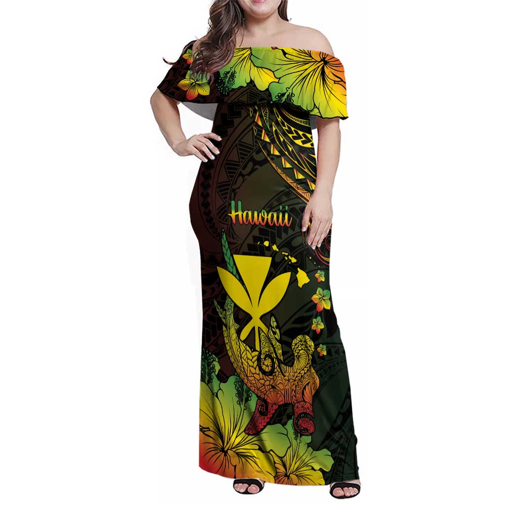 Personalised Hawaii Family Matching Off Shoulder Maxi Dress and Hawaiian Shirt Kanaka Maoli With Hammerhead Shark DT04 Mom's Dress Black - Polynesian Pride