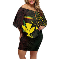 Personalised Hawaii Family Matching Off Shoulder Short Dress and Hawaiian Shirt Kanaka Maoli With Hammerhead Shark DT04 Mom's Dress Black - Polynesian Pride