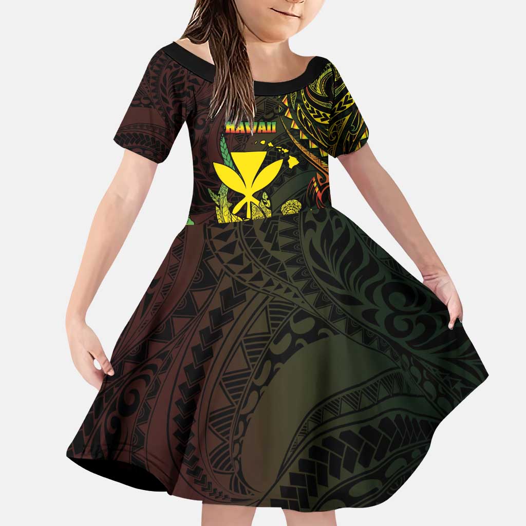 Personalised Hawaii Family Matching Puletasi and Hawaiian Shirt Kanaka Maoli With Hammerhead Shark DT04 Daughter's Dress Black - Polynesian Pride
