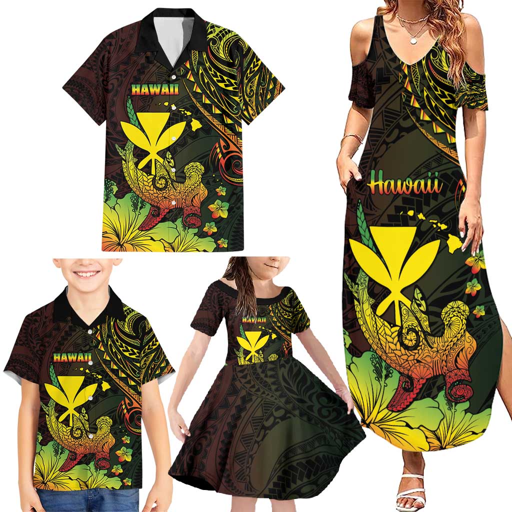 Personalised Hawaii Family Matching Summer Maxi Dress and Hawaiian Shirt Kanaka Maoli With Hammerhead Shark DT04 - Polynesian Pride