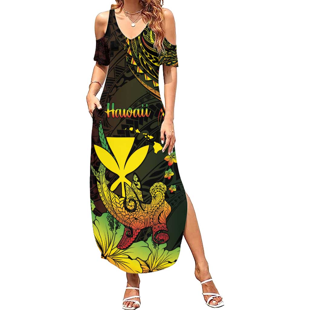 Personalised Hawaii Family Matching Summer Maxi Dress and Hawaiian Shirt Kanaka Maoli With Hammerhead Shark DT04 Mom's Dress Black - Polynesian Pride