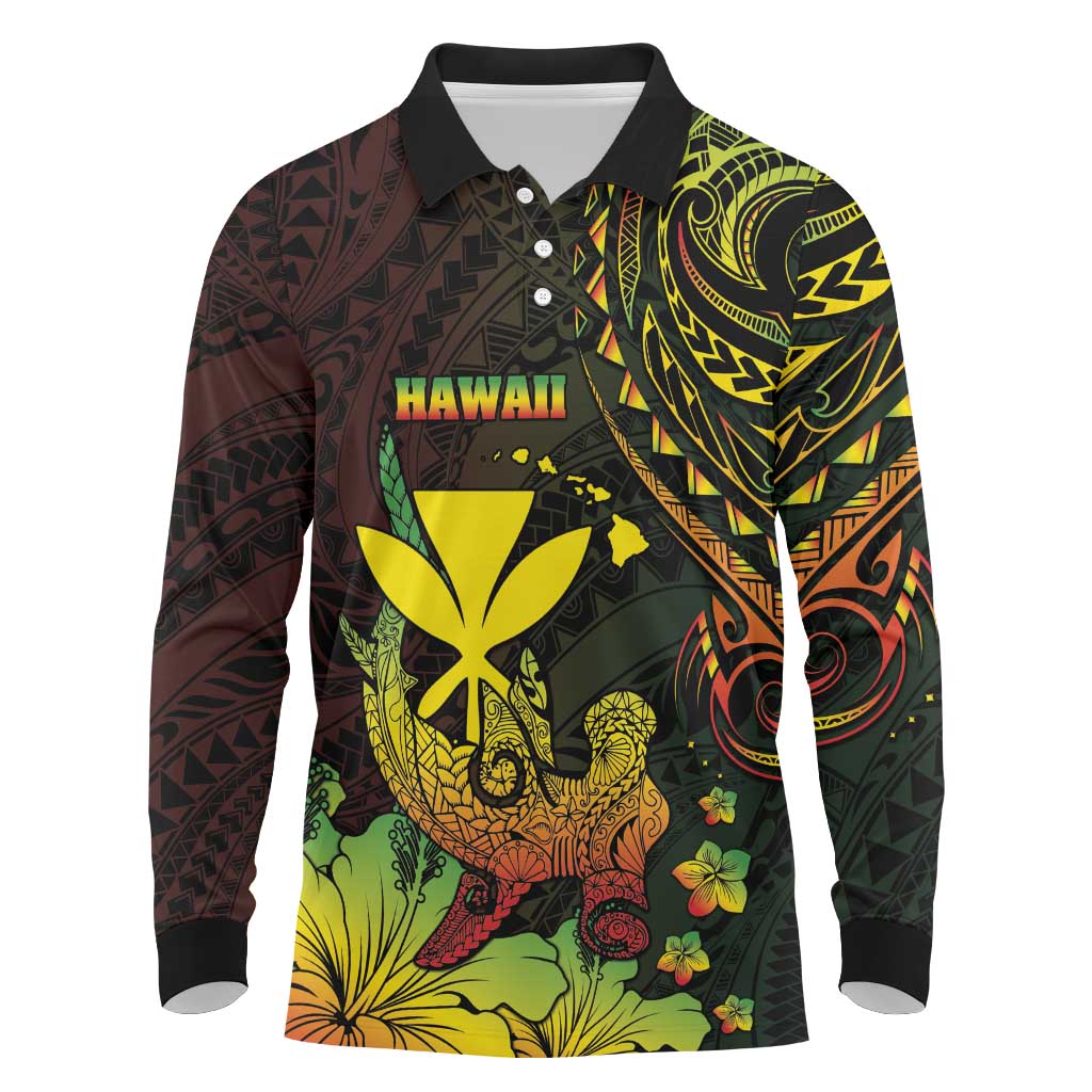 Personalised Hawaii Long Sleeve Polo Shirt Kanaka Maoli With Hammerhead Shark