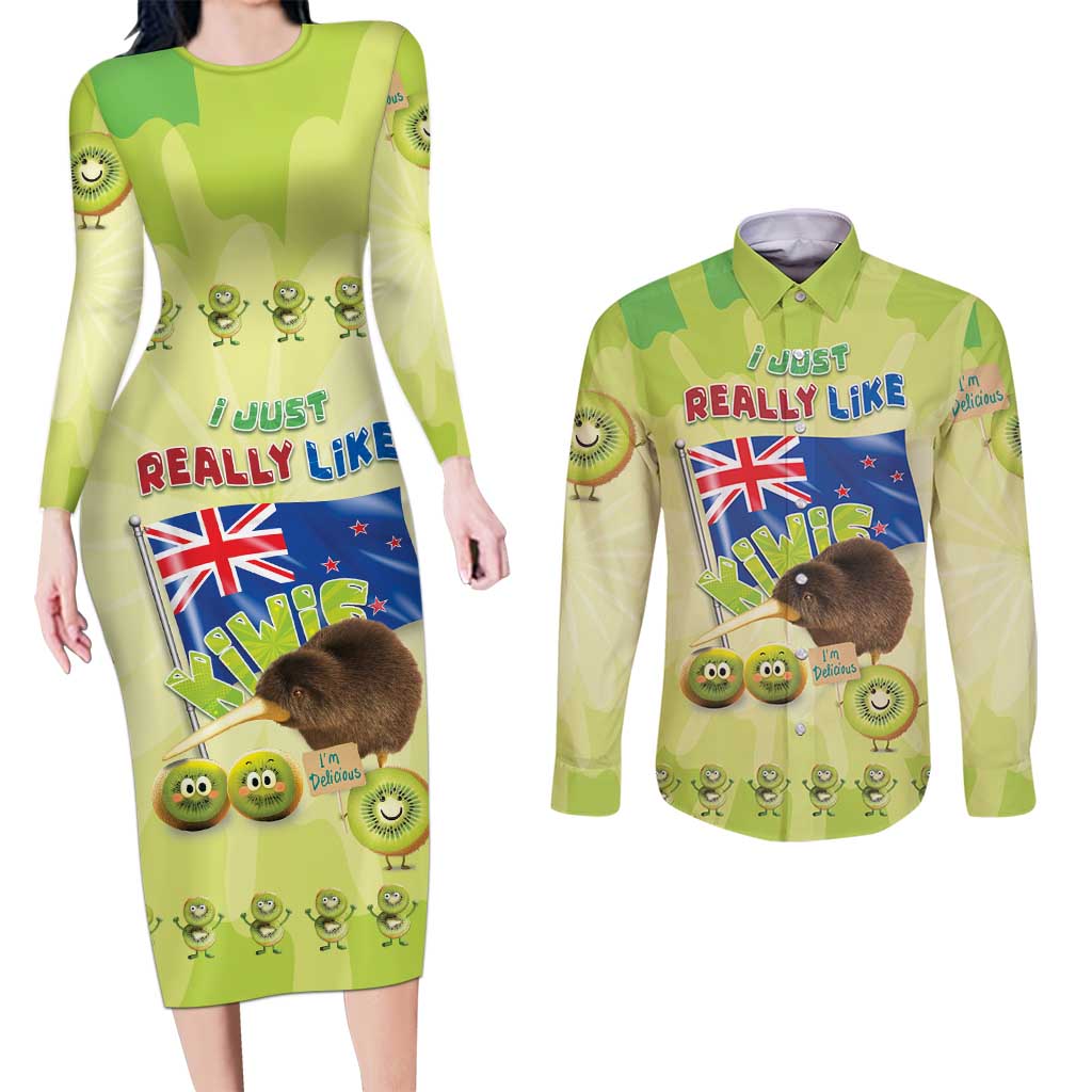 New Zealand Kiwi Couples Matching Long Sleeve Bodycon Dress and Long Sleeve Button Shirt I Just Really Like Kiwis