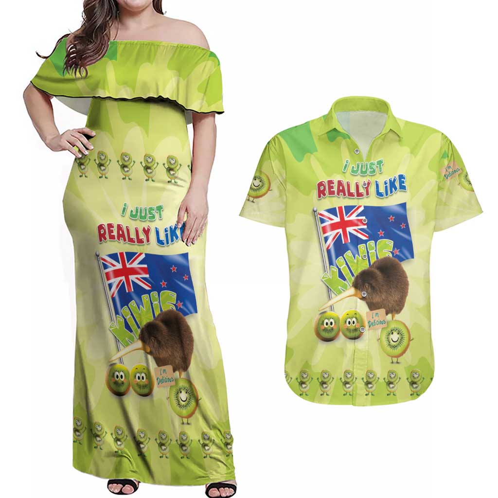 New Zealand Kiwi Couples Matching Off Shoulder Maxi Dress and Hawaiian Shirt I Just Really Like Kiwis