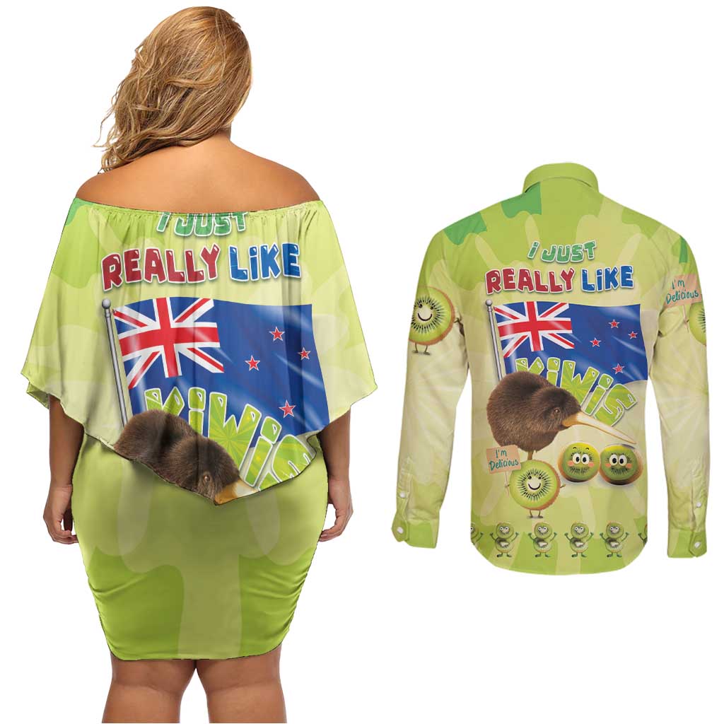 New Zealand Kiwi Couples Matching Off Shoulder Short Dress and Long Sleeve Button Shirt I Just Really Like Kiwis