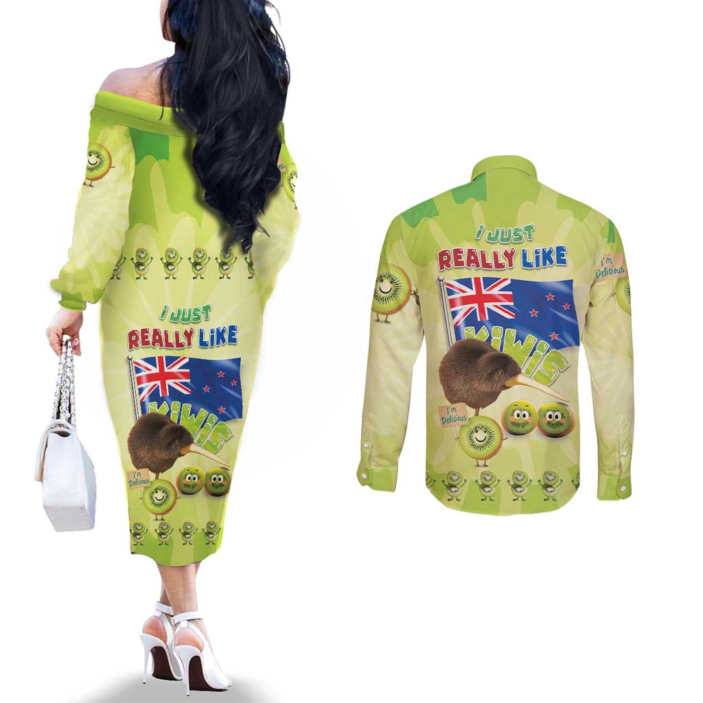 New Zealand Kiwi Couples Matching Off The Shoulder Long Sleeve Dress and Long Sleeve Button Shirt I Just Really Like Kiwis DT04 - Polynesian Pride