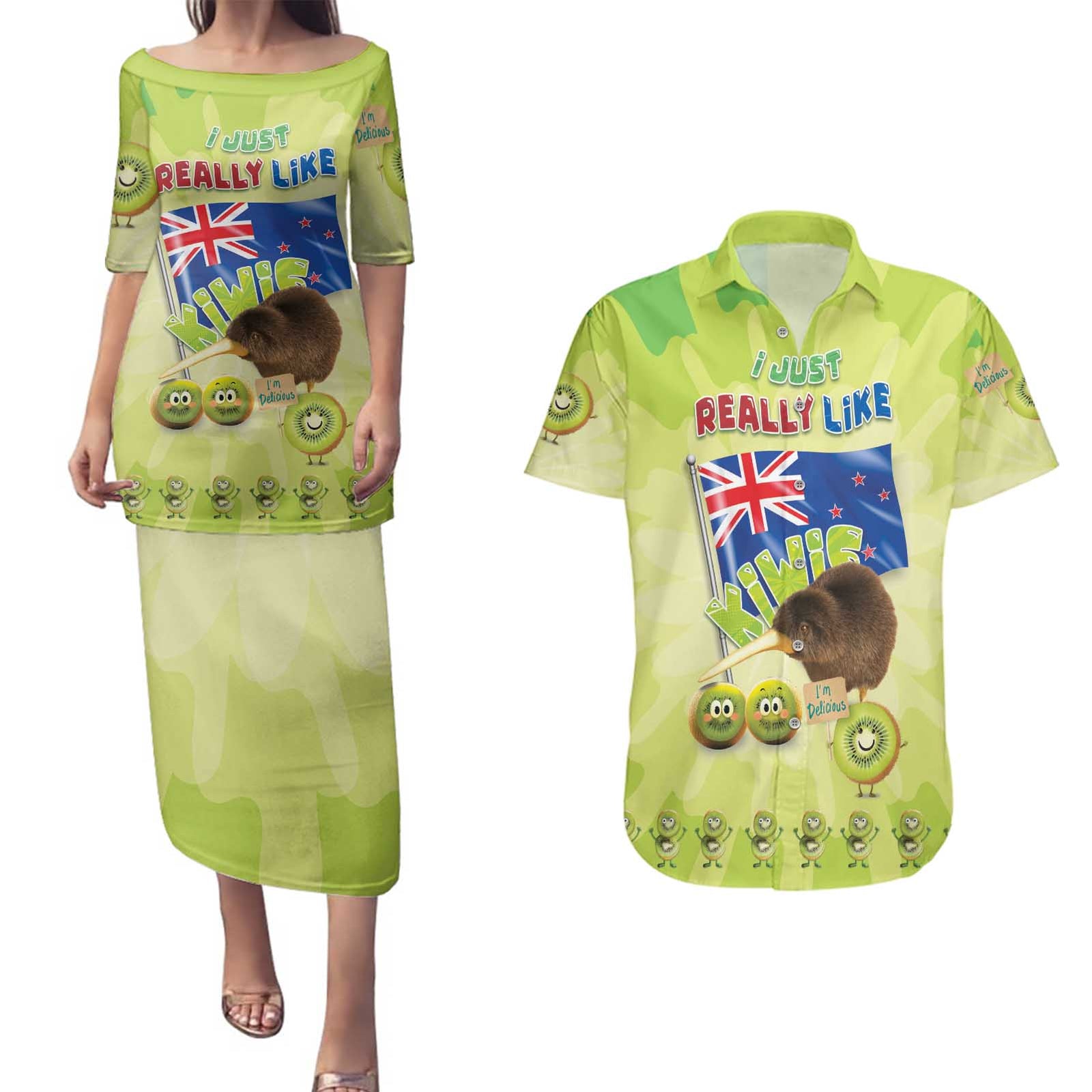 New Zealand Kiwi Couples Matching Puletasi and Hawaiian Shirt I Just Really Like Kiwis