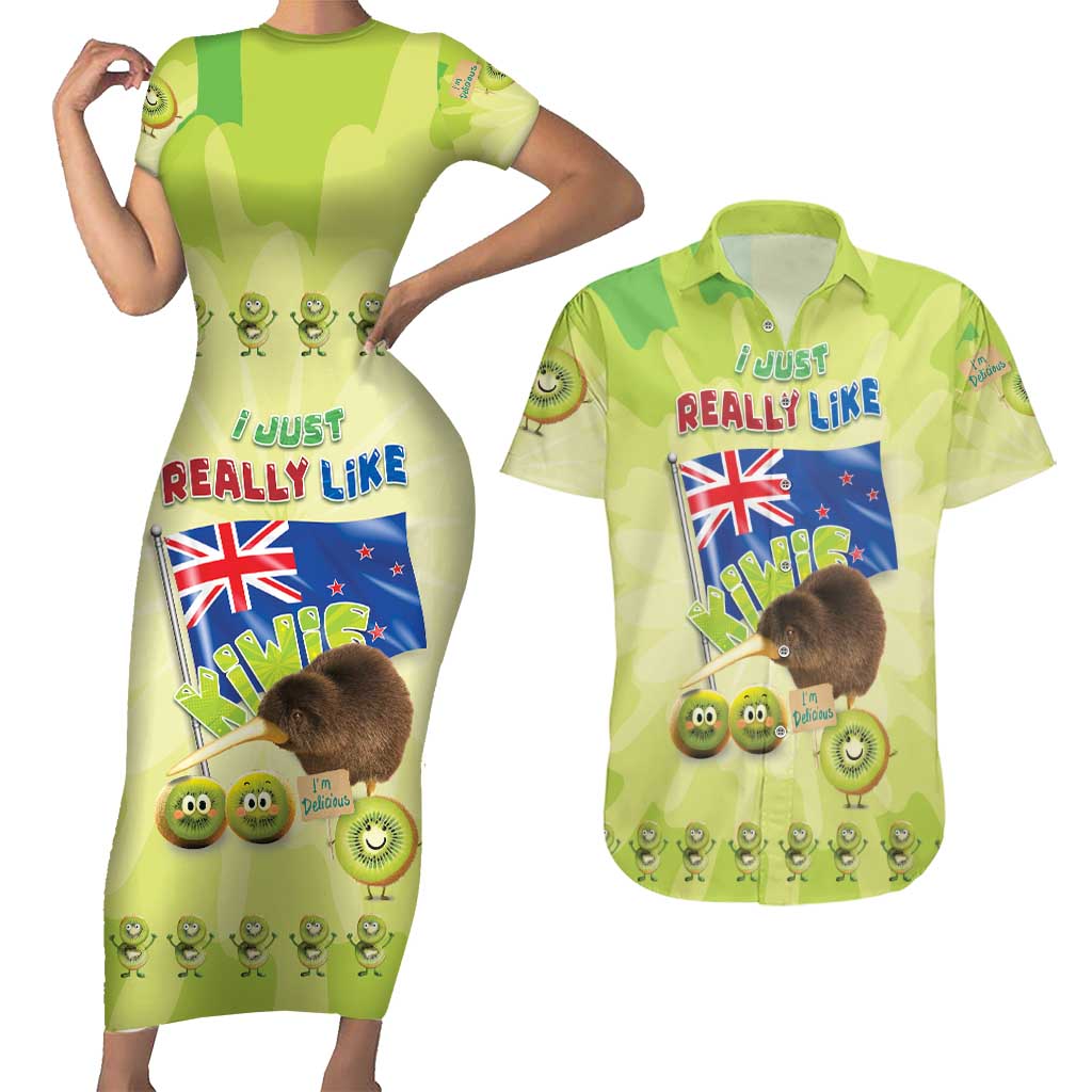 New Zealand Kiwi Couples Matching Short Sleeve Bodycon Dress and Hawaiian Shirt I Just Really Like Kiwis DT04 Green - Polynesian Pride