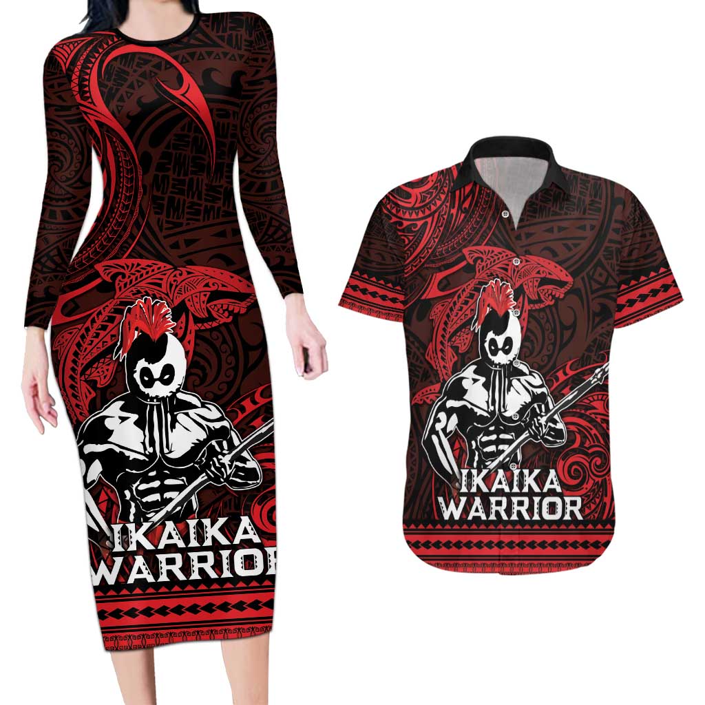 Hawaii Ikaika Warrior Couples Matching Long Sleeve Bodycon Dress and Hawaiian Shirt Hawaiian Tribal Tattoo DT04 Red - Polynesian Pride