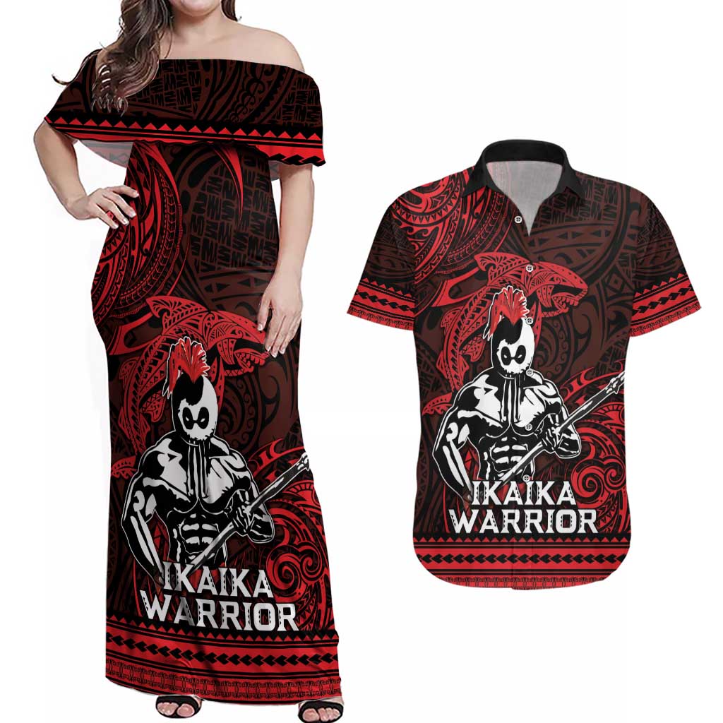Hawaii Ikaika Warrior Couples Matching Off Shoulder Maxi Dress and Hawaiian Shirt Hawaiian Tribal Tattoo DT04 Red - Polynesian Pride