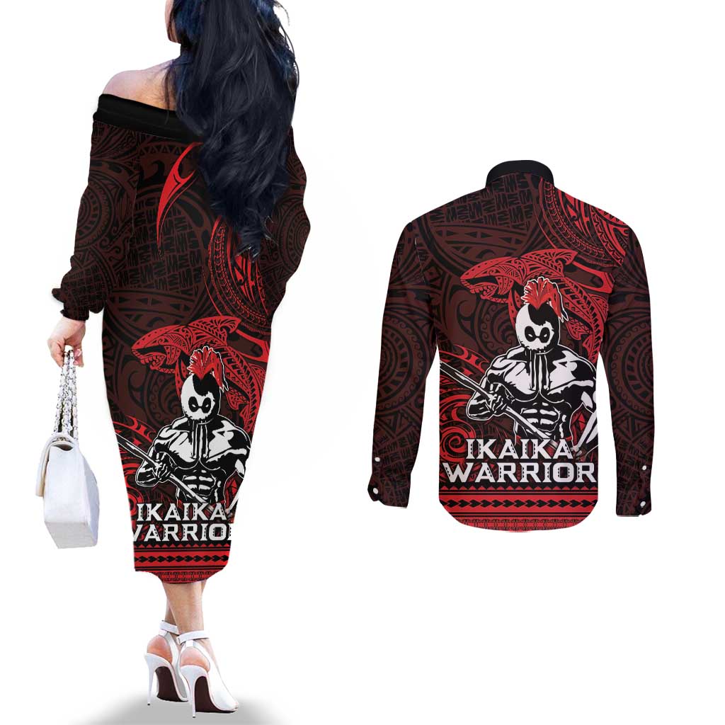Hawaii Ikaika Warrior Couples Matching Off The Shoulder Long Sleeve Dress and Long Sleeve Button Shirt Hawaiian Tribal Tattoo