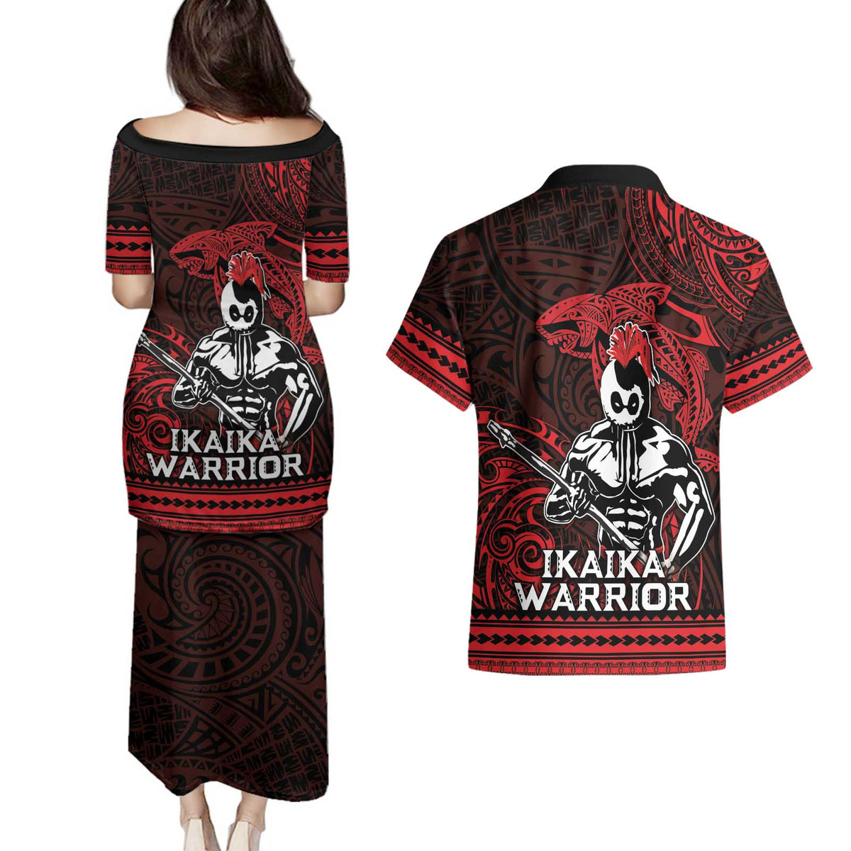 Hawaii Ikaika Warrior Couples Matching Puletasi and Hawaiian Shirt Hawaiian Tribal Tattoo