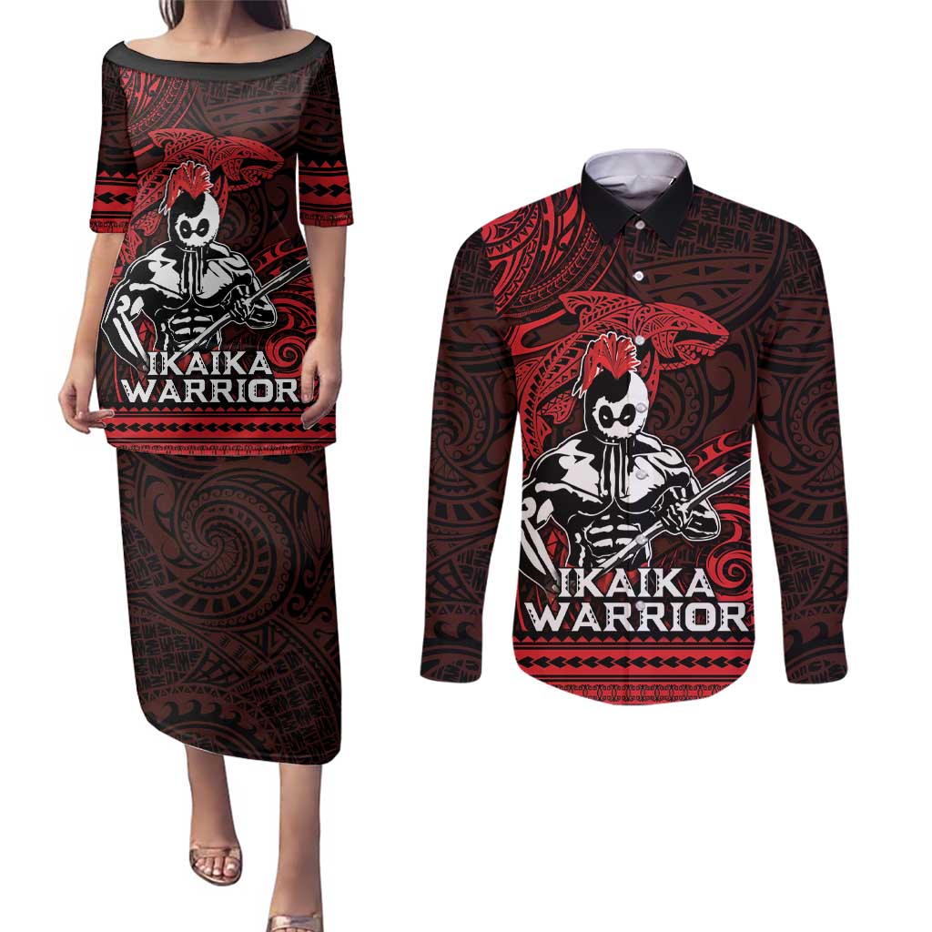 Hawaii Ikaika Warrior Couples Matching Puletasi and Long Sleeve Button Shirt Hawaiian Tribal Tattoo DT04 Red - Polynesian Pride