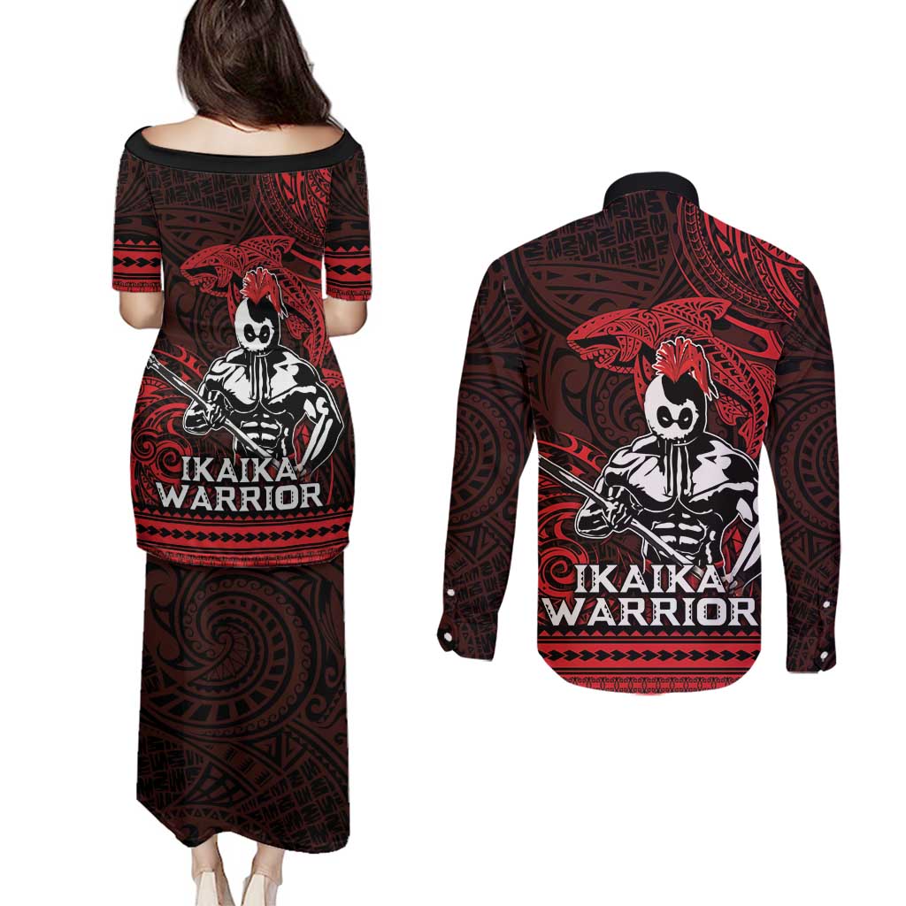 Hawaii Ikaika Warrior Couples Matching Puletasi and Long Sleeve Button Shirt Hawaiian Tribal Tattoo