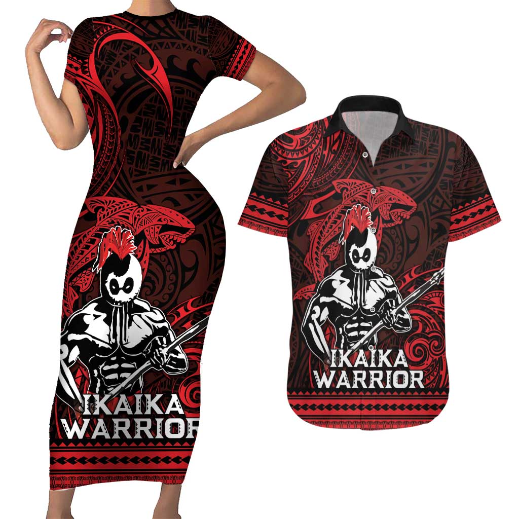 Hawaii Ikaika Warrior Couples Matching Short Sleeve Bodycon Dress and Hawaiian Shirt Hawaiian Tribal Tattoo DT04 Red - Polynesian Pride