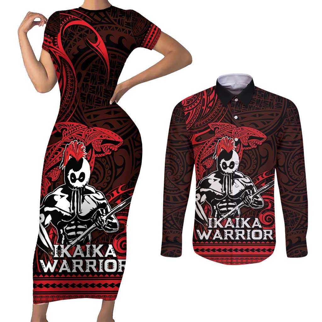 Hawaii Ikaika Warrior Couples Matching Short Sleeve Bodycon Dress and Long Sleeve Button Shirt Hawaiian Tribal Tattoo DT04 Red - Polynesian Pride