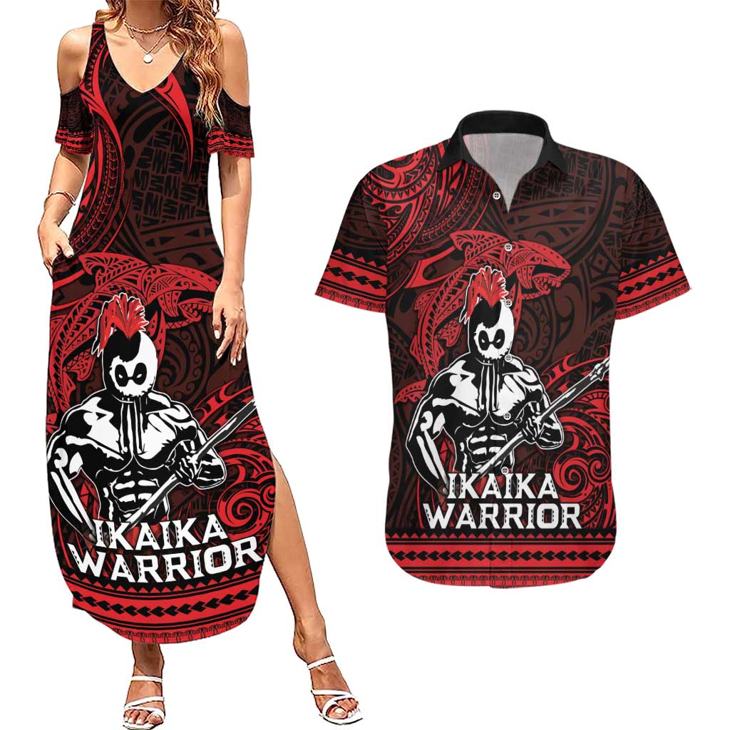 Hawaii Ikaika Warrior Couples Matching Summer Maxi Dress and Hawaiian Shirt Hawaiian Tribal Tattoo DT04 Red - Polynesian Pride