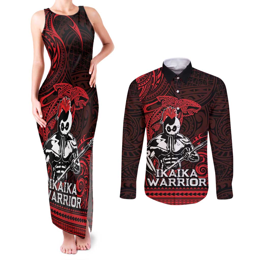 Hawaii Ikaika Warrior Couples Matching Tank Maxi Dress and Long Sleeve Button Shirt Hawaiian Tribal Tattoo DT04 Red - Polynesian Pride