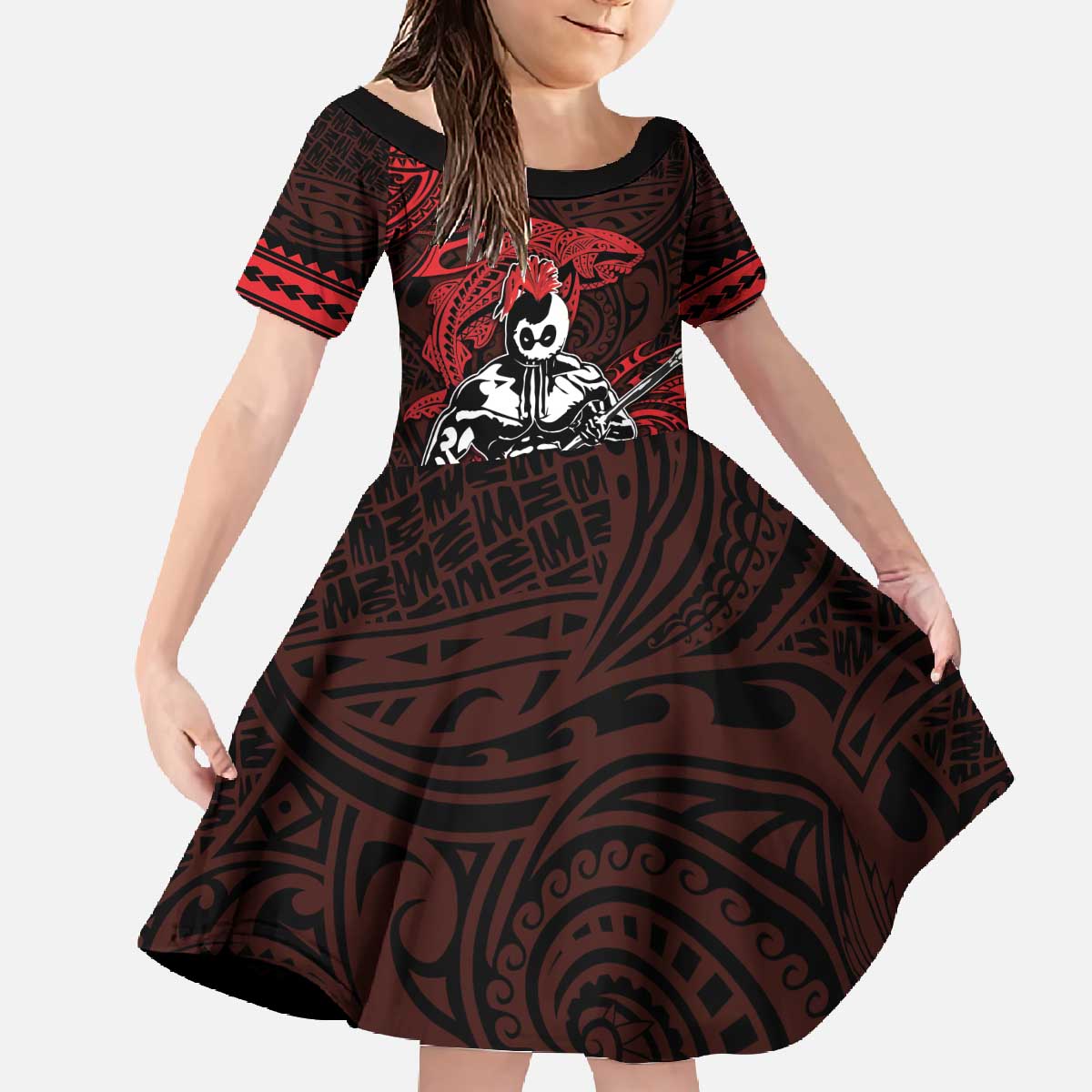 Hawaii Ikaika Warrior Family Matching Off The Shoulder Long Sleeve Dress and Hawaiian Shirt Hawaiian Tribal Tattoo DT04 Daughter's Dress Red - Polynesian Pride