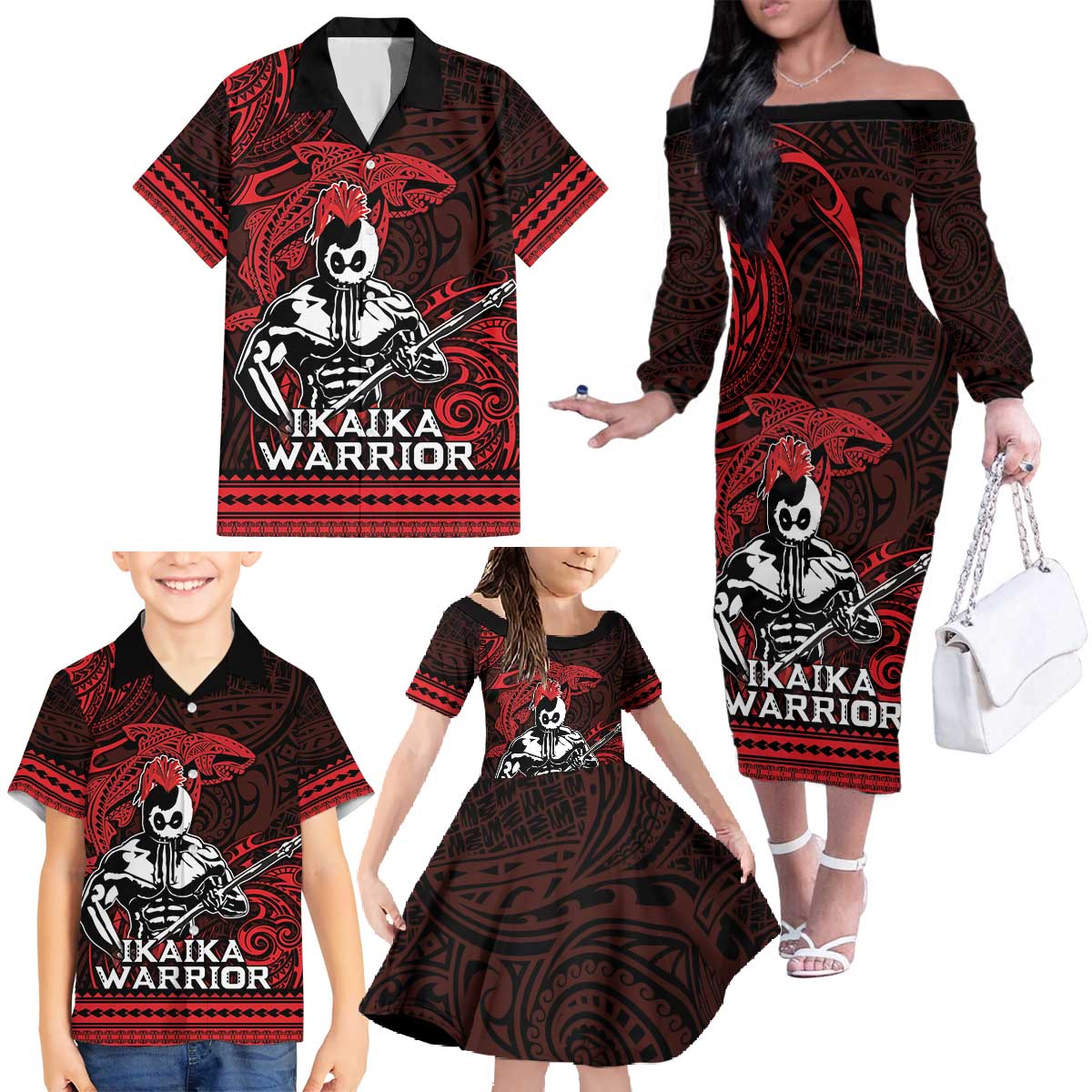 Hawaii Ikaika Warrior Family Matching Off The Shoulder Long Sleeve Dress and Hawaiian Shirt Hawaiian Tribal Tattoo DT04 - Polynesian Pride