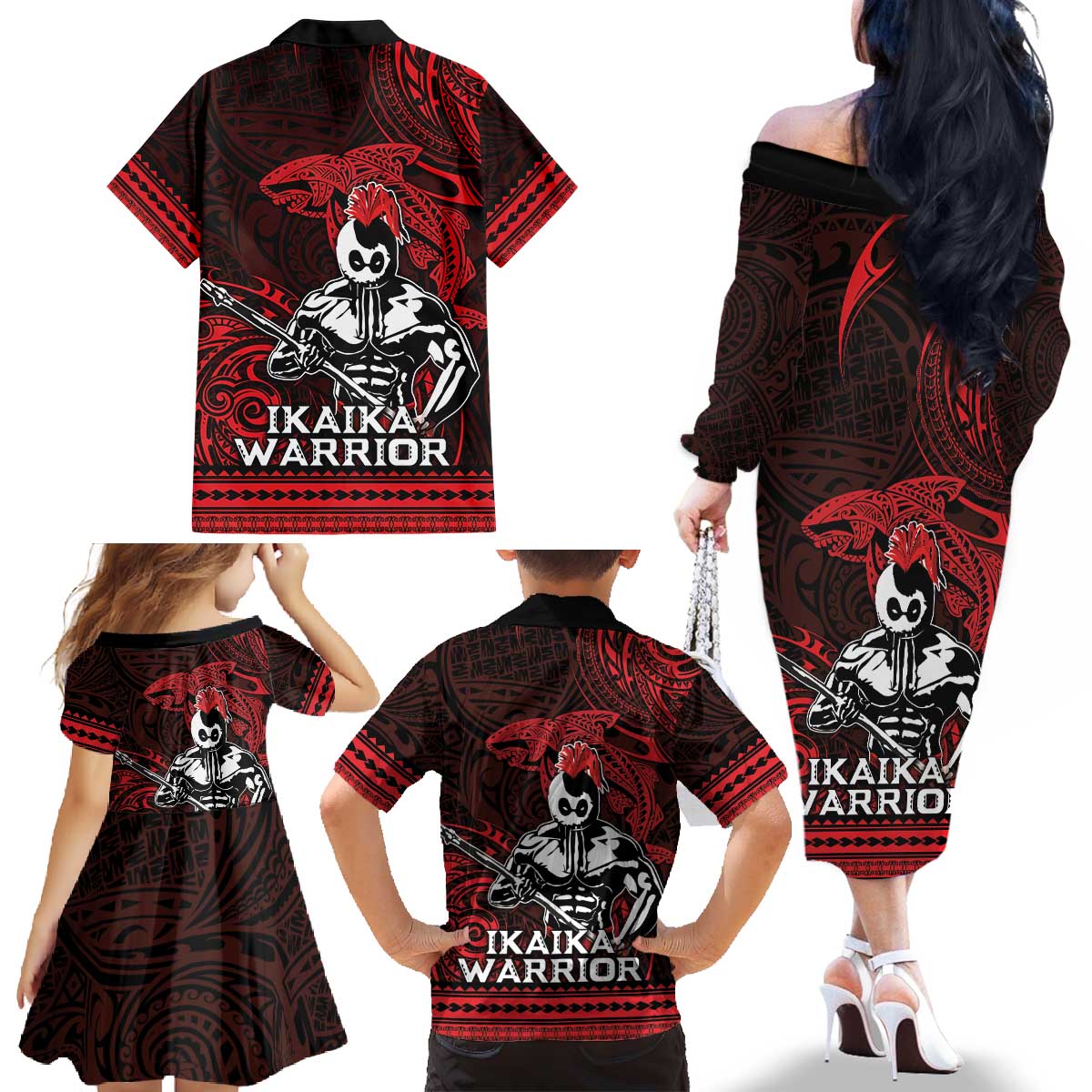Hawaii Ikaika Warrior Family Matching Off The Shoulder Long Sleeve Dress and Hawaiian Shirt Hawaiian Tribal Tattoo DT04 - Polynesian Pride