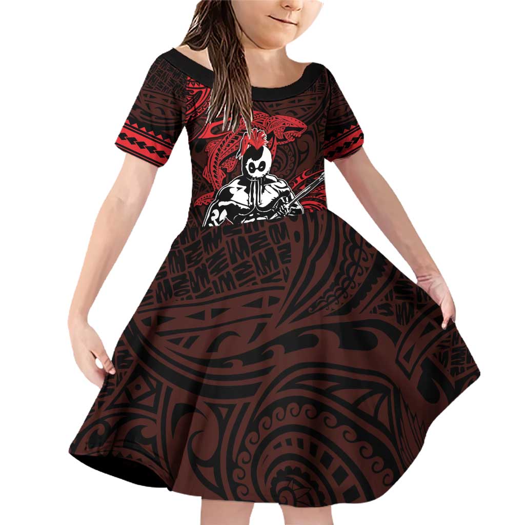Hawaii Ikaika Warrior Family Matching Off Shoulder Short Dress and Hawaiian Shirt Hawaiian Tribal Tattoo DT04 Daughter's Dress Red - Polynesian Pride