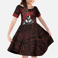 Hawaii Ikaika Warrior Family Matching Summer Maxi Dress and Hawaiian Shirt Hawaiian Tribal Tattoo DT04 Daughter's Dress Red - Polynesian Pride
