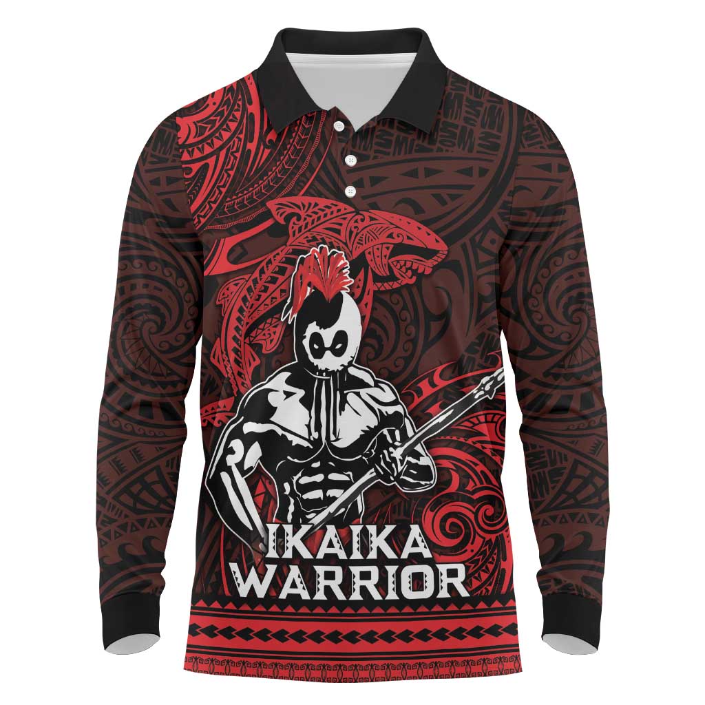 Hawaii Ikaika Warrior Long Sleeve Polo Shirt Hawaiian Tribal Tattoo DT04 Red - Polynesian Pride