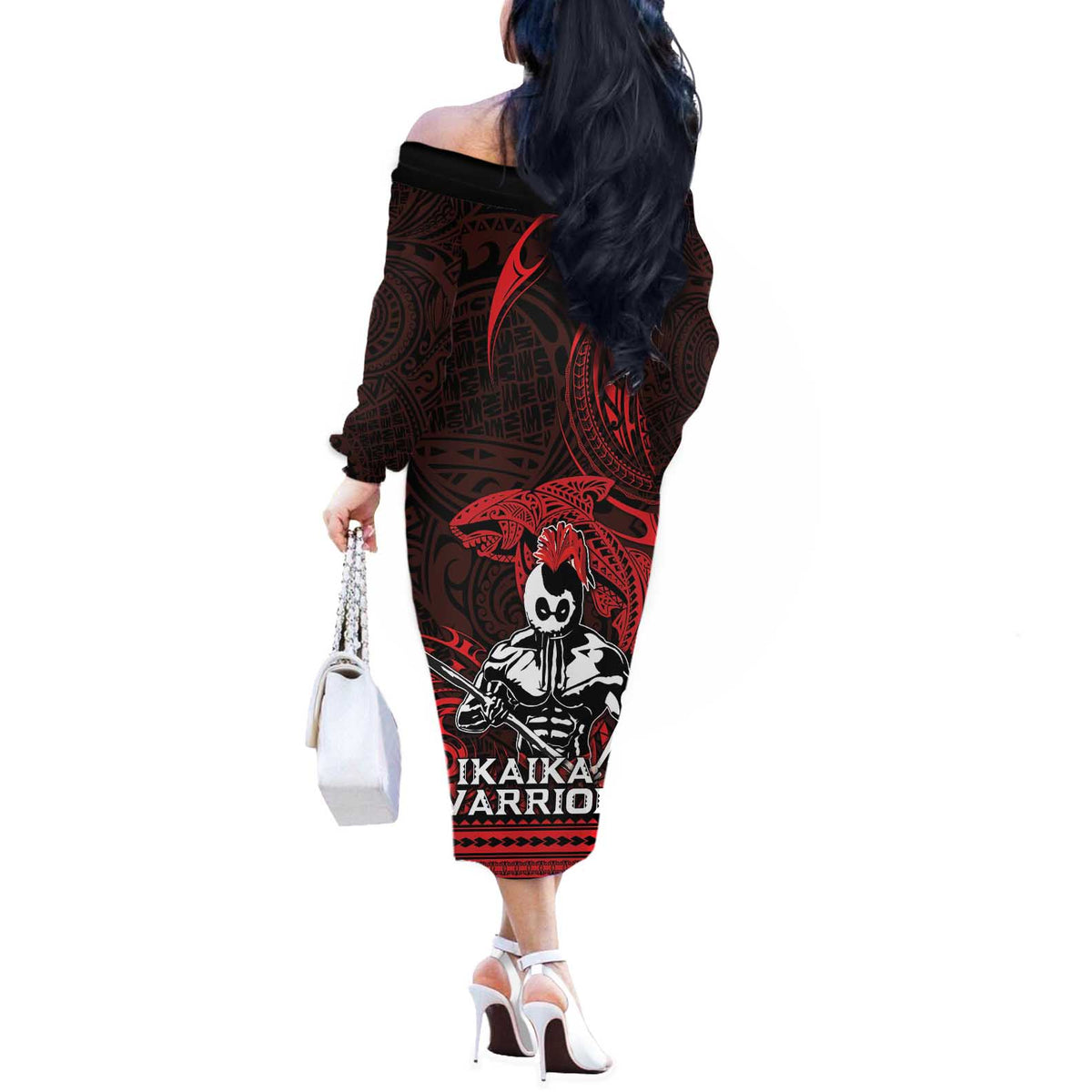 Hawaii Ikaika Warrior Off The Shoulder Long Sleeve Dress Hawaiian Tribal Tattoo