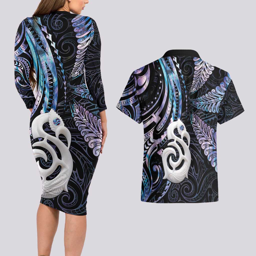 New Zealand Aotearoa Couples Matching Long Sleeve Bodycon Dress and Hawaiian Shirt Maori Hei Manaia Purple Paua Shell DT04 - Polynesian Pride