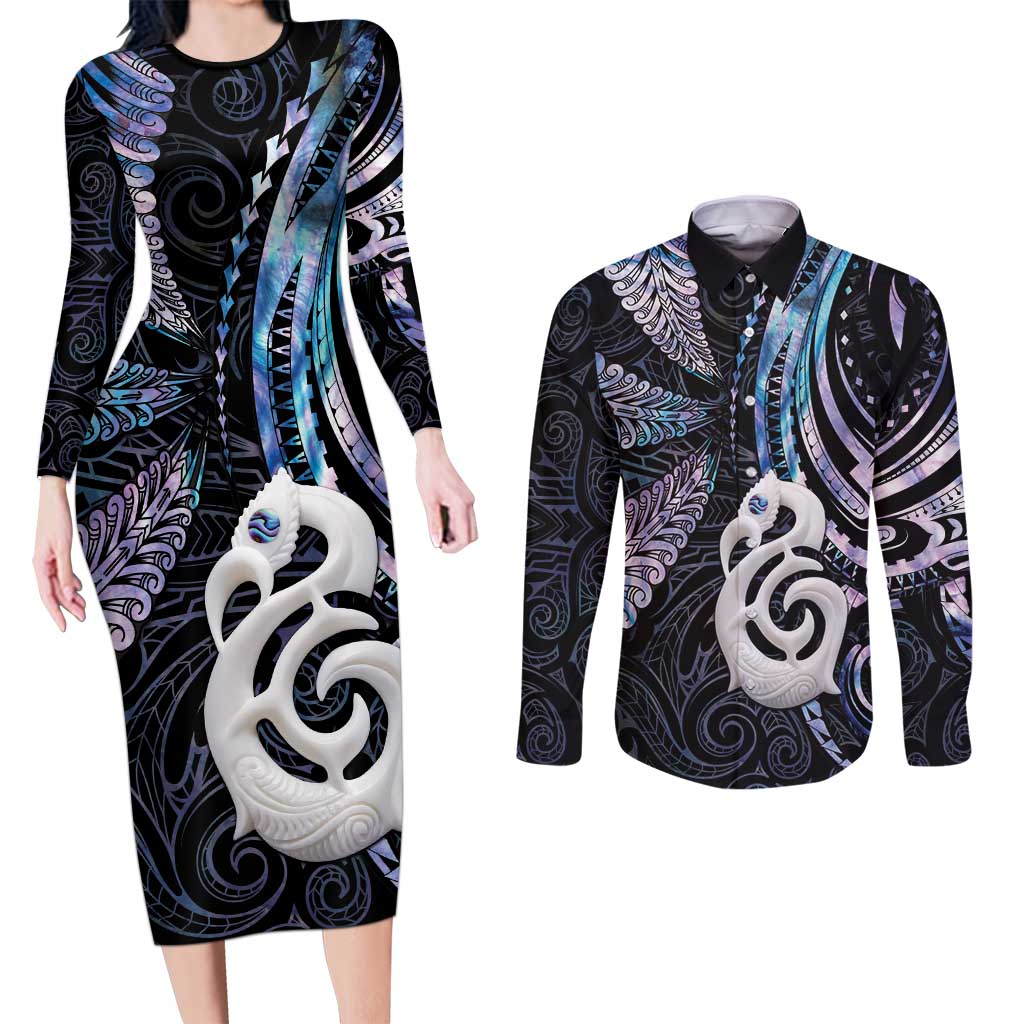 New Zealand Aotearoa Couples Matching Long Sleeve Bodycon Dress and Long Sleeve Button Shirt Maori Hei Manaia Purple Paua Shell DT04 Purple - Polynesian Pride